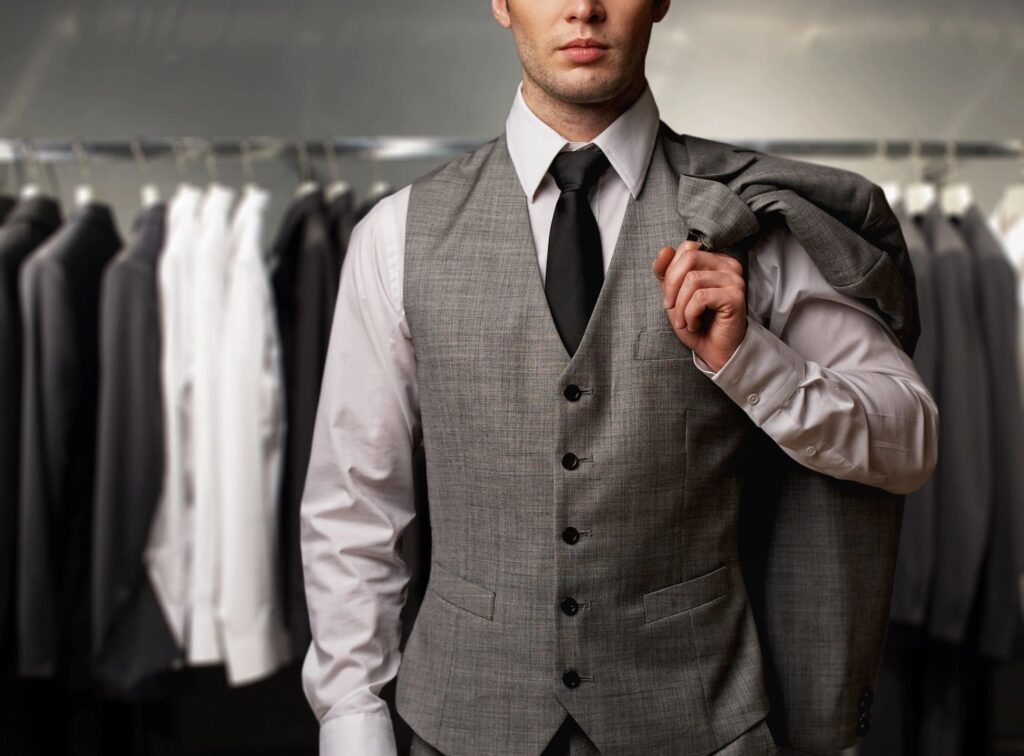 A man wearing a gray color blazer in a shop