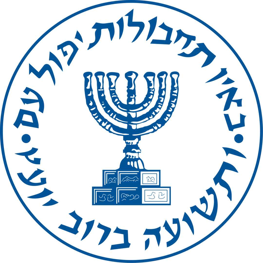 A blue and white circle with a menorah and boxes.