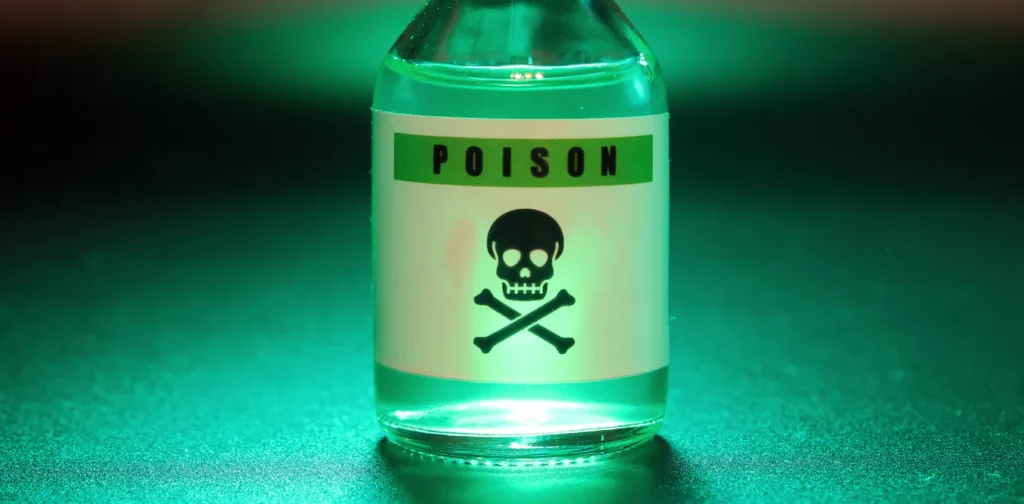 A bottle of green liquid with a skull and crossbones, showcasing the evolution of assassination techniques.