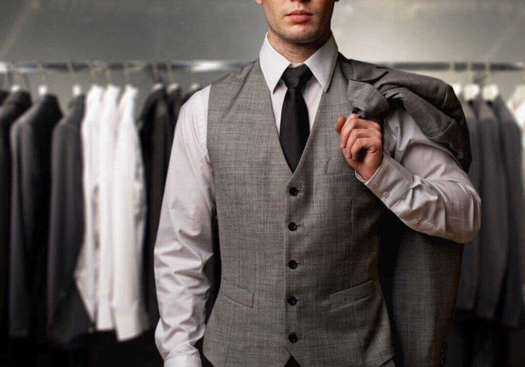 A man wearing a gray color blazer in a shop